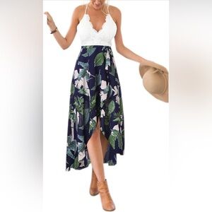 Women's Deep V Neck Sleeveless Summer Asymmetrical Floral Maxi Dress